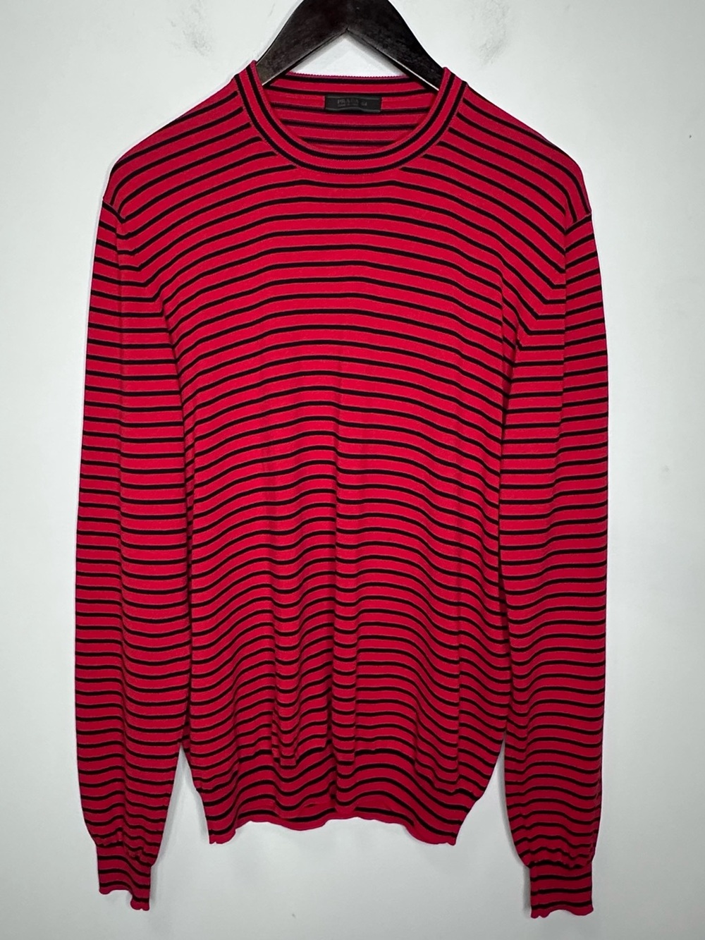 Prada Men’s Red Striped 100% Cotton Pullover Crew Neck Sweater